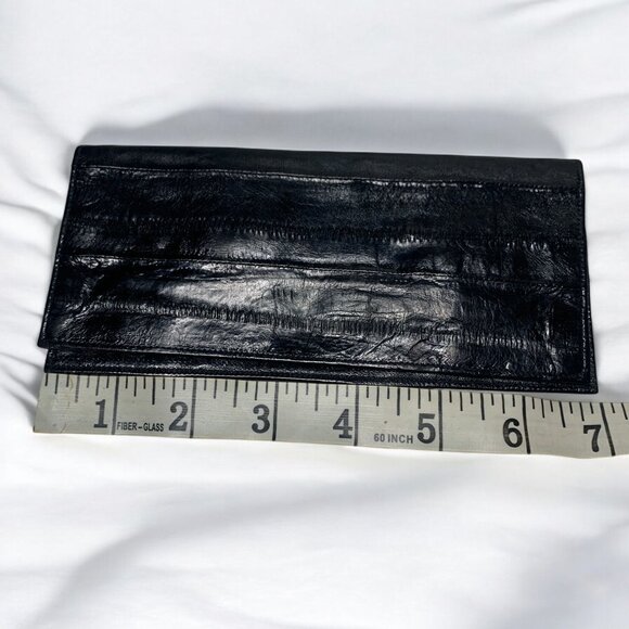 Vintage Eelskin Leather Checkbook Cover Black Slim Bifold Design - Picture 7 of 8